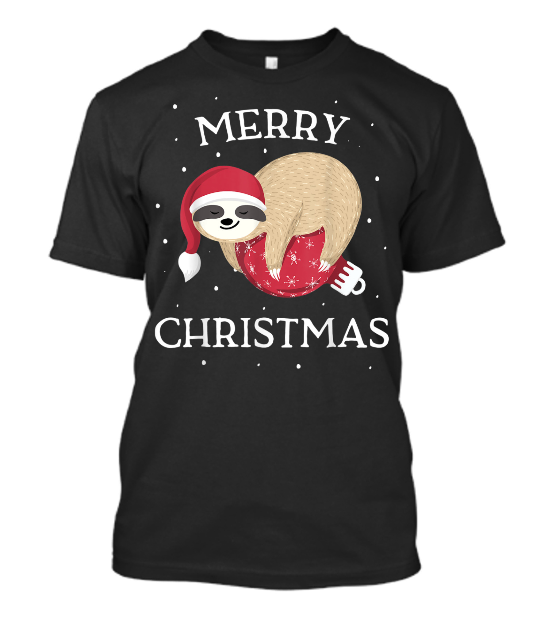 Merry Christmas Sloth Santa Hat Snowflakes T-Shirt