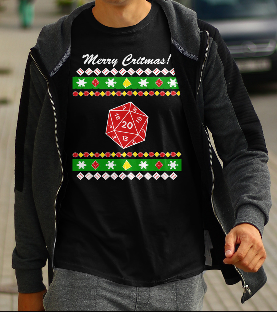 Merry Critmas 20-Sided Dice Dungeon Holiday Game Snowflakes T-Shirt