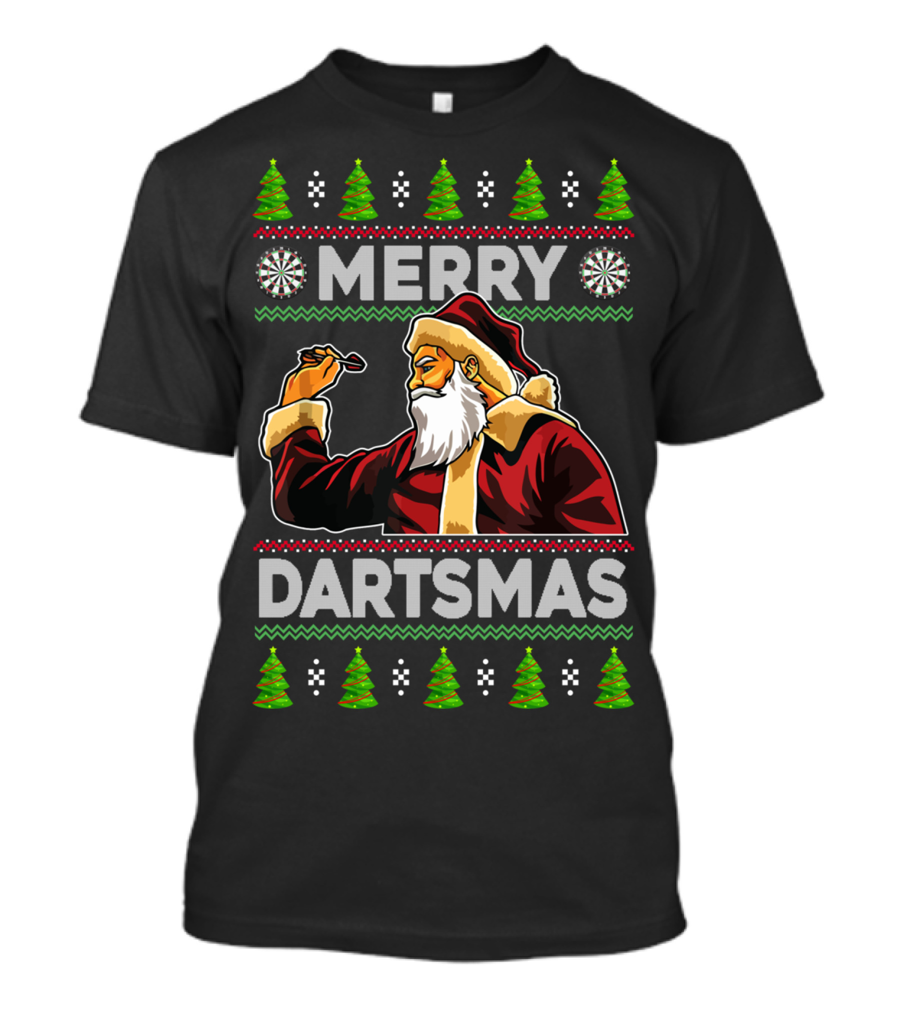 Merry Dartmas Santa Claus Playing Darts With Christmas Trees And Snowflakes T-Shirt