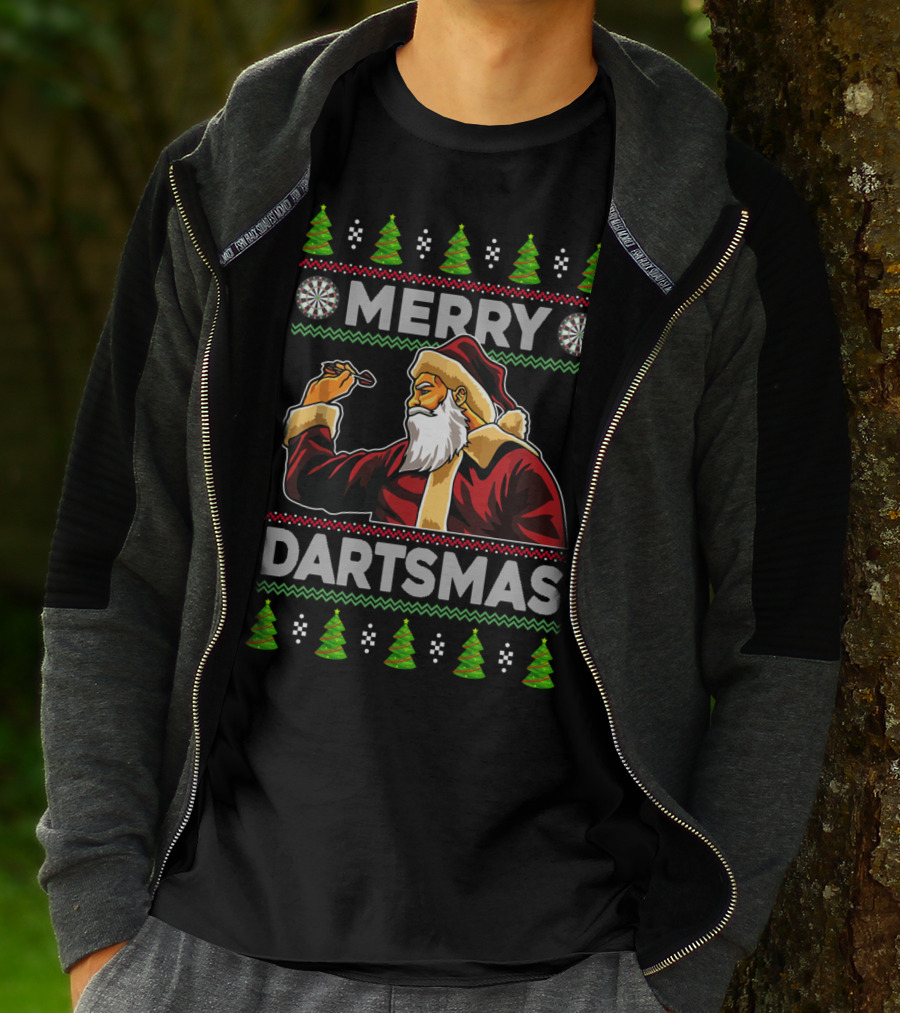 Merry Dartmas Santa Claus Playing Darts With Christmas Trees And Snowflakes T-Shirt