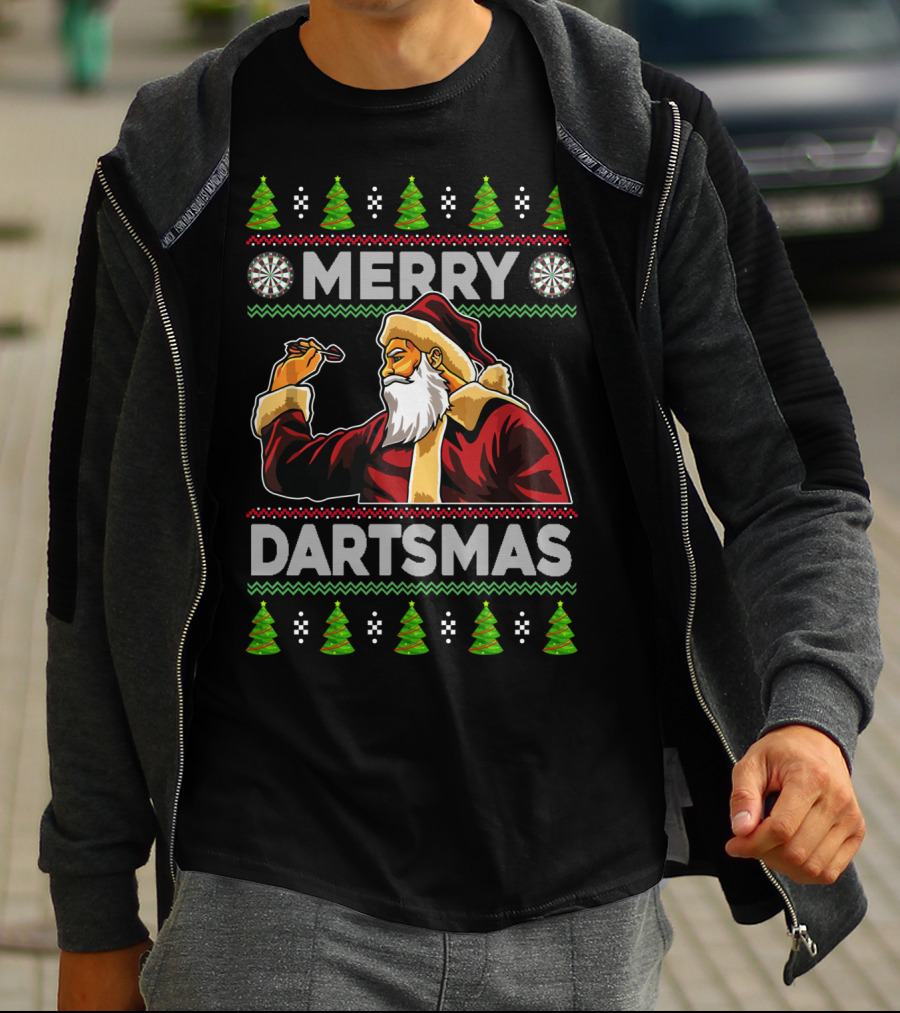 Merry Dartmas Santa Claus Playing Darts With Christmas Trees And Snowflakes T-Shirt