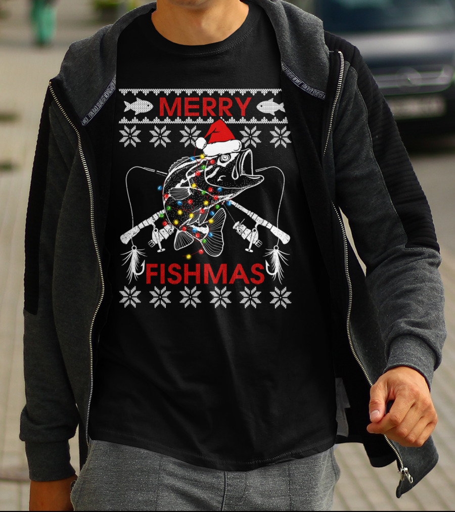 Merry Fishmas Ugly Xmas Santa Hat Bass With Fishing Rods And Lights T-Shirt