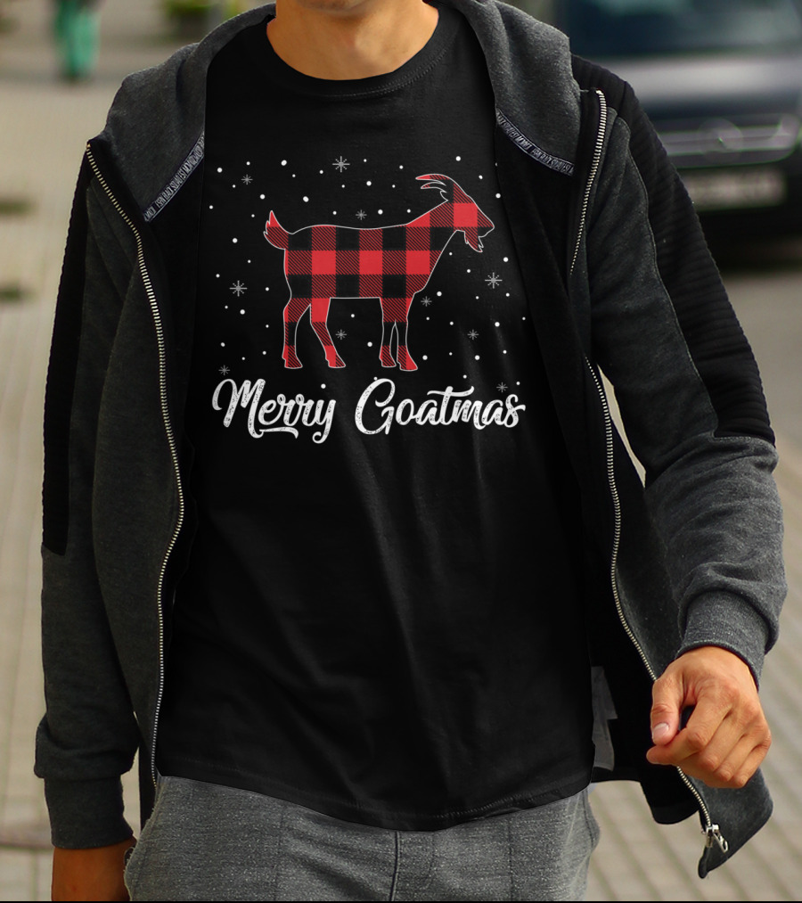 Merry Goatmas Red Plaid Goat Snowflakes T-Shirt