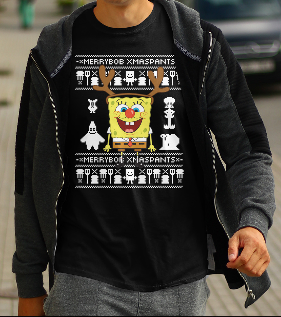 Merrybob Xmaspants Ugly Xmas SpongeBob Reindeer Pixel T-Shirt