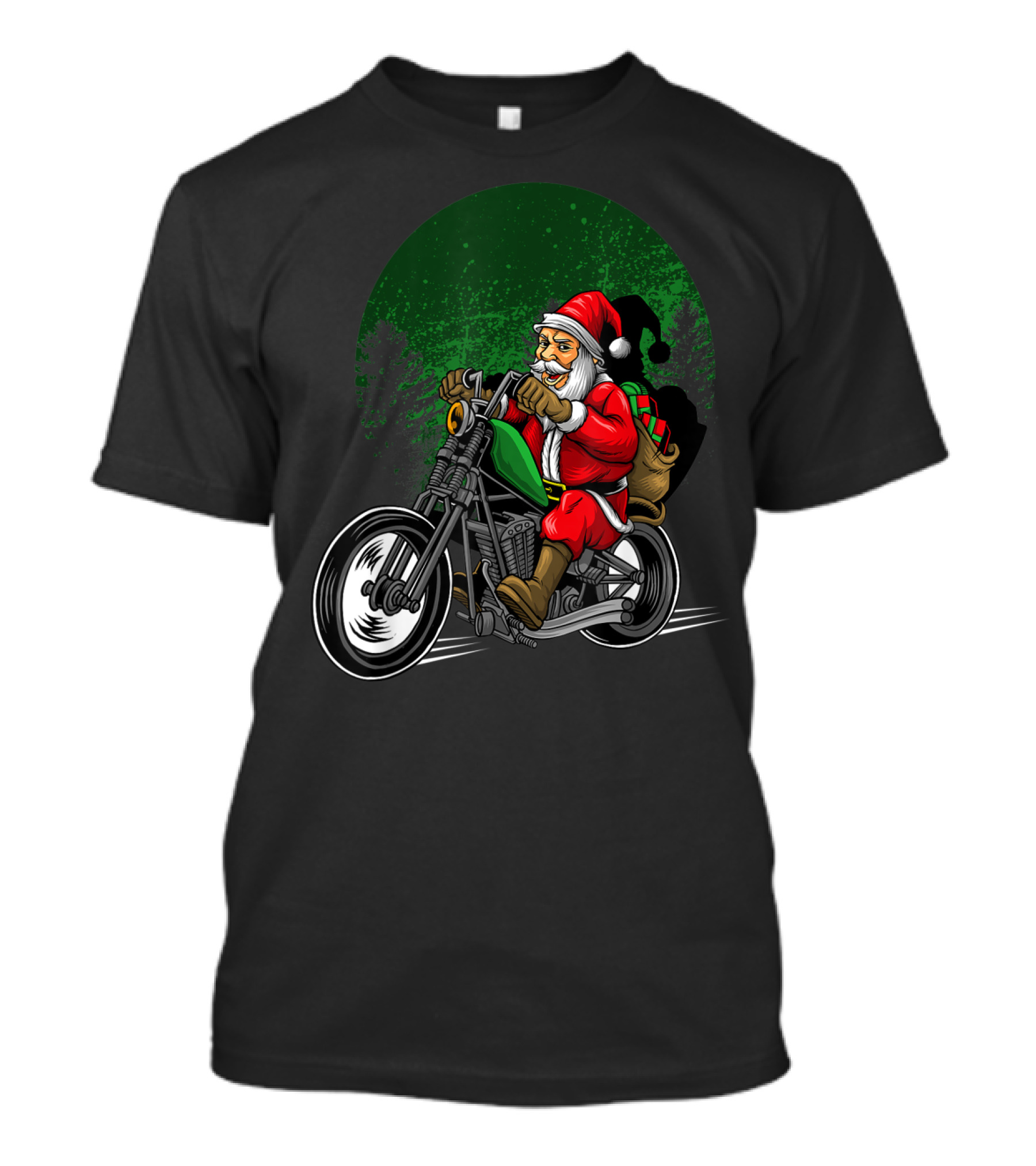 Motorcycle Santa Riding Through Festive Forest T-Shirt