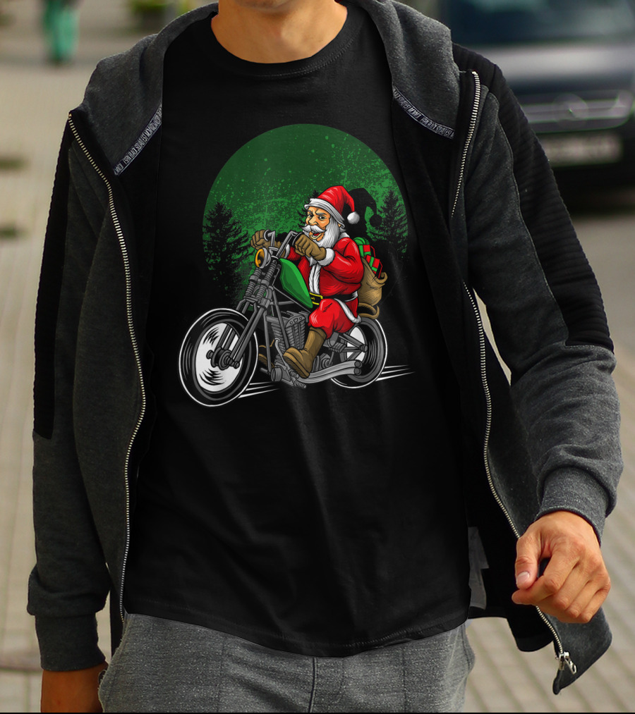 Motorcycle Santa Riding Through Festive Forest T-Shirt