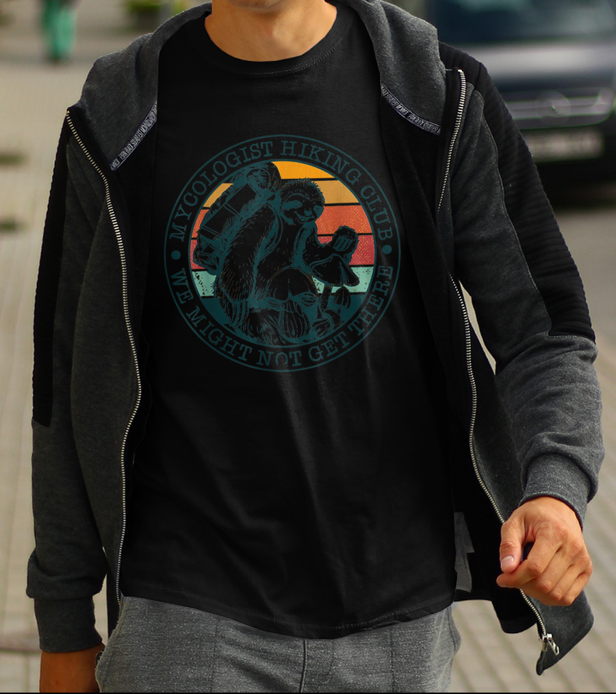 Mycologist Hiking Club We Might Not Get There Retro Sunset Mushrooms T-Shirt