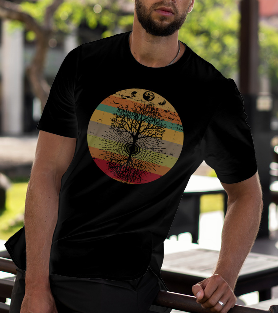 Phases Of The Moon Retro Tree With 60s 70s Vibe Rainbow Stripes T-Shirt