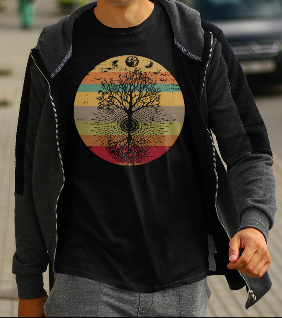 Phases Of The Moon Retro Tree With 60s 70s Vibe Rainbow Stripes T-Shirt