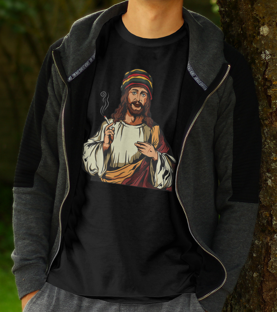 Pot Smoking Jesus Christ Cannabis Weed Rasta Hat Smoking Joint T-Shirt