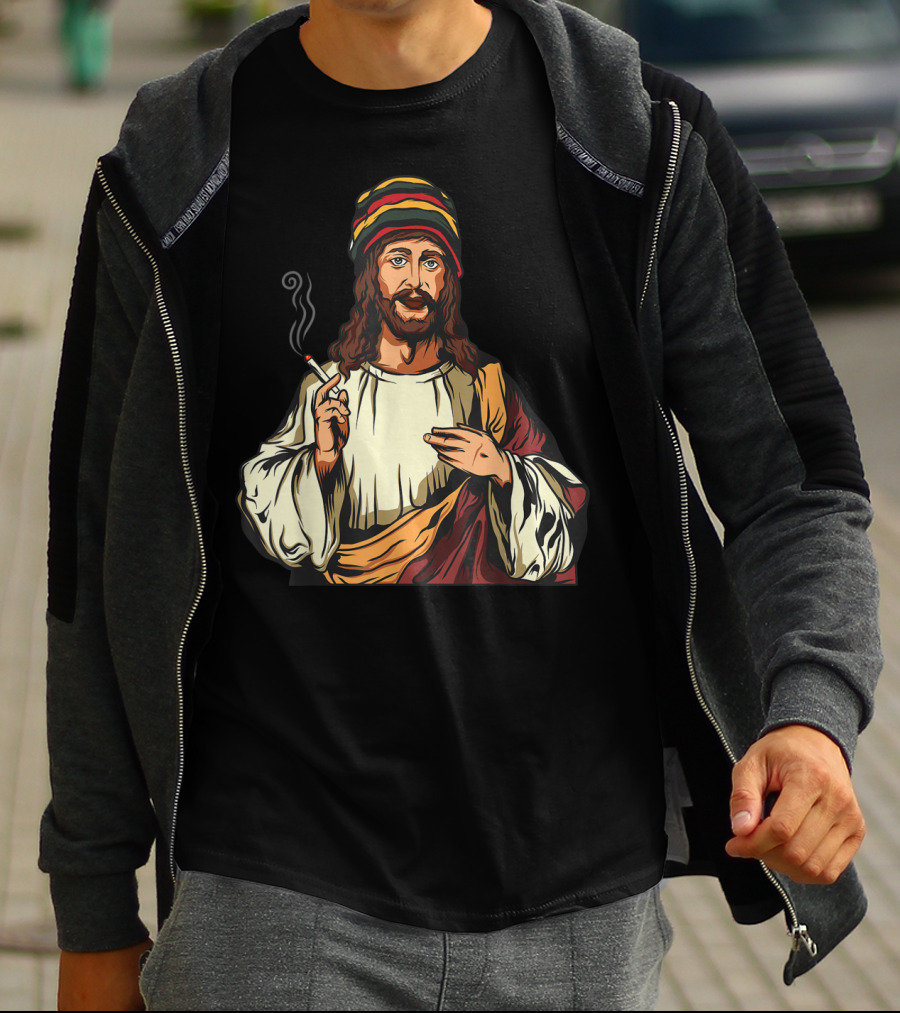 Pot Smoking Jesus Christ Cannabis Weed Rasta Hat Smoking Joint T-Shirt
