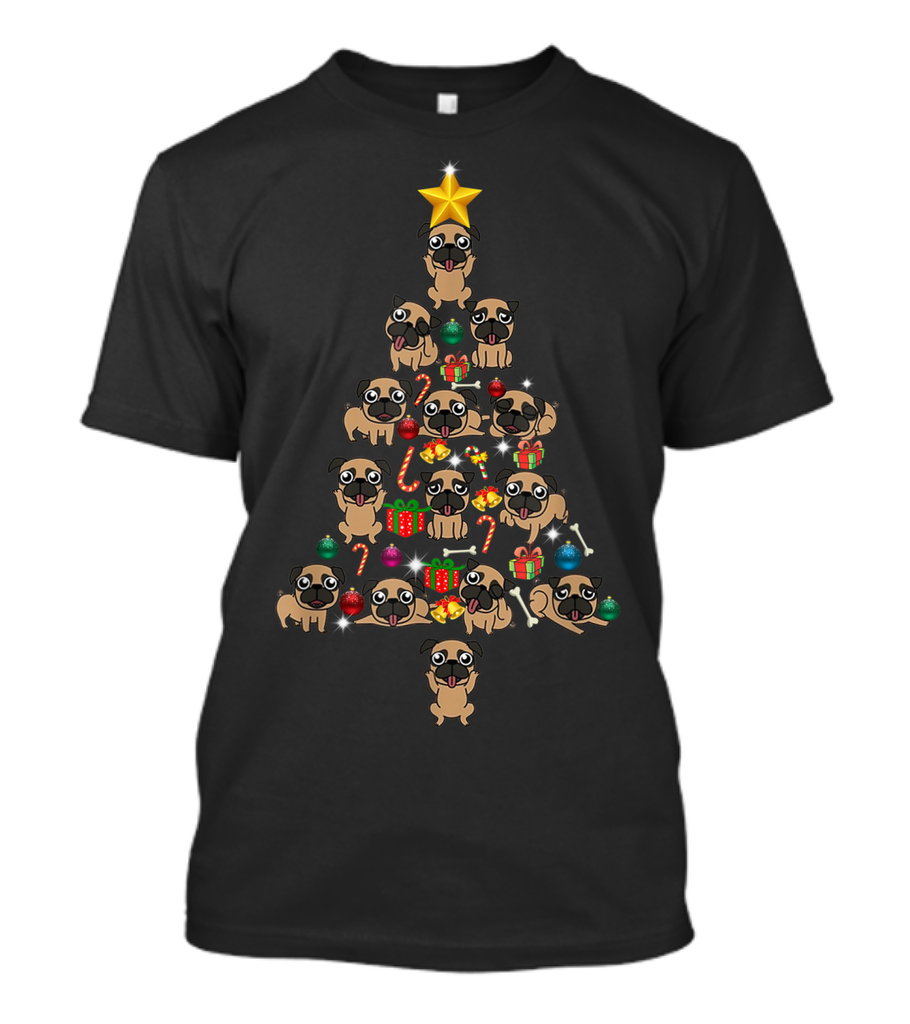 Funny Pug Christmas Tree With Presents And Candy Canes T-Shirt