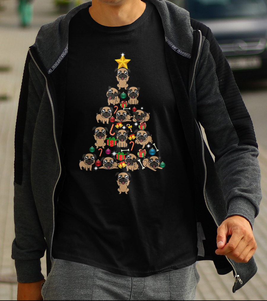 Funny Pug Christmas Tree With Presents And Candy Canes T-Shirt