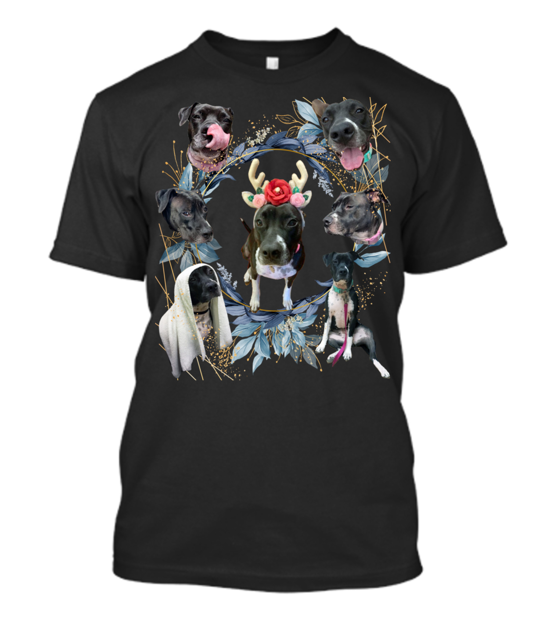 Puppy Holiday Antler Flower Dog Faces Wreath T-Shirt