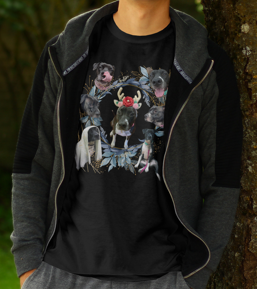 Puppy Holiday Antler Flower Dog Faces Wreath T-Shirt