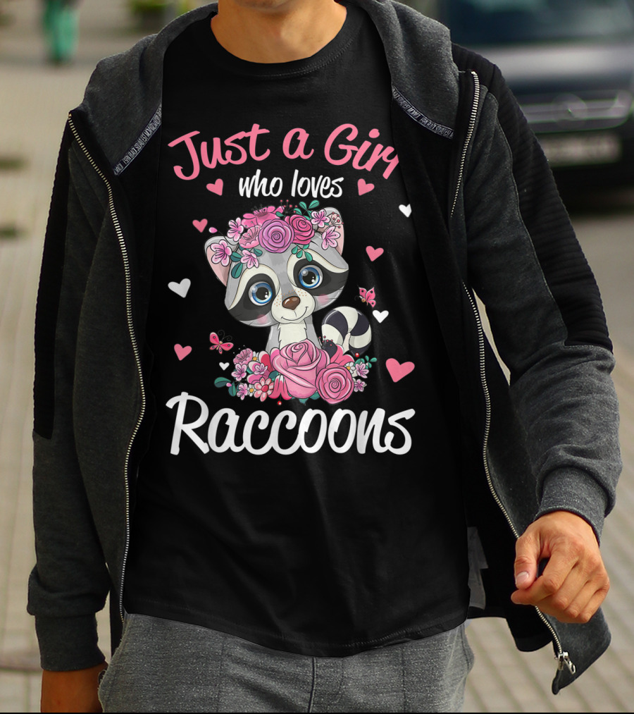 Just A Girl Who Loves Raccoons Floral Hearts T-Shirt