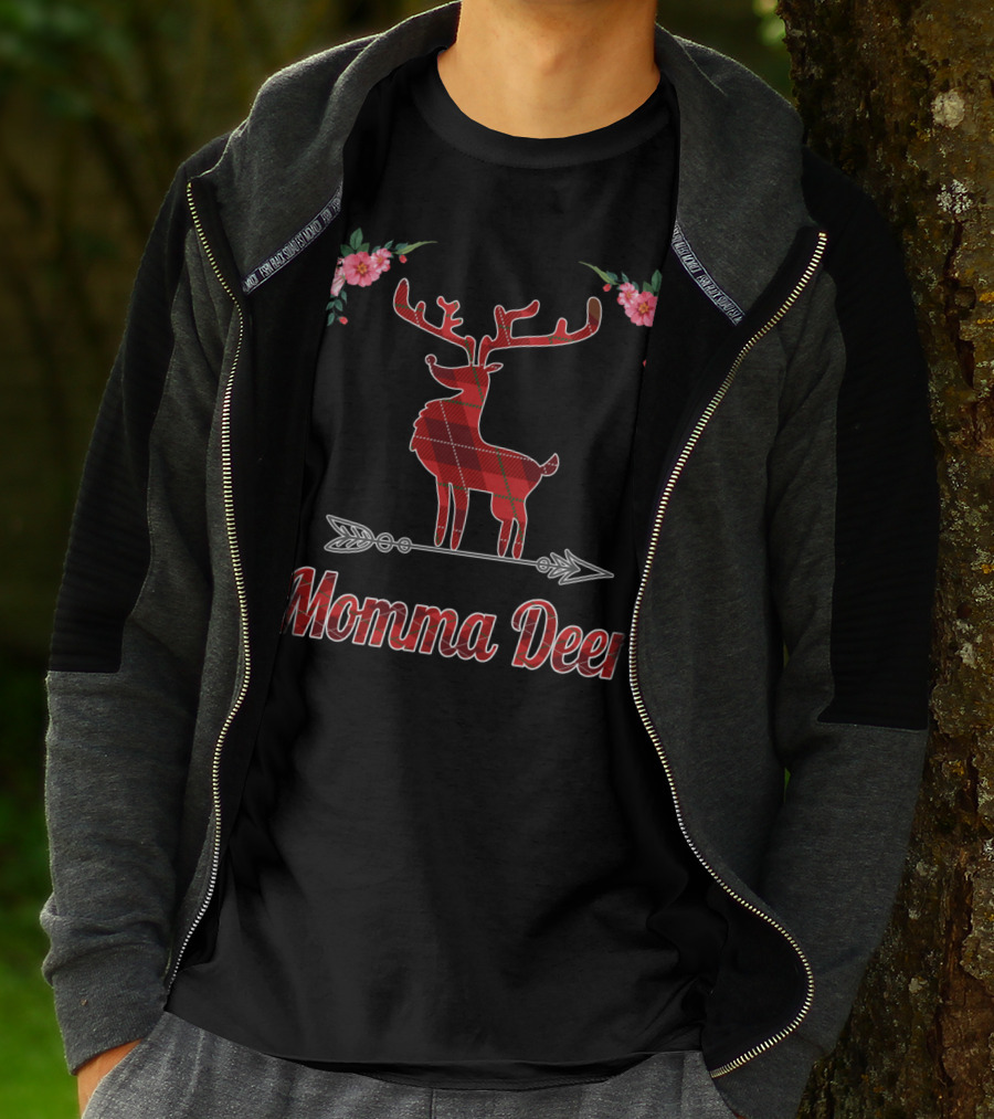 Red Plaid Momma Deer Buffalo Reindeer Floral T-Shirt