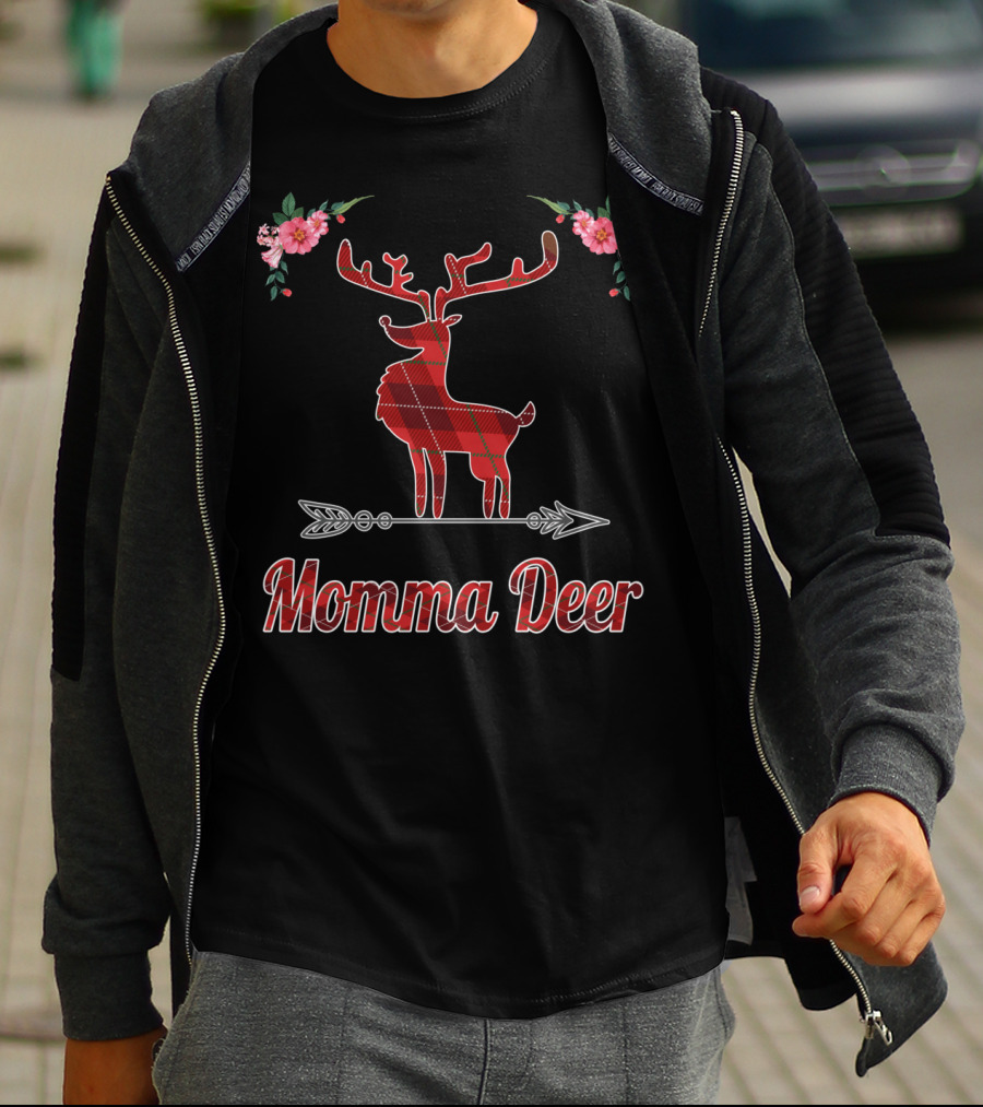 Red Plaid Momma Deer Buffalo Reindeer Floral T-Shirt