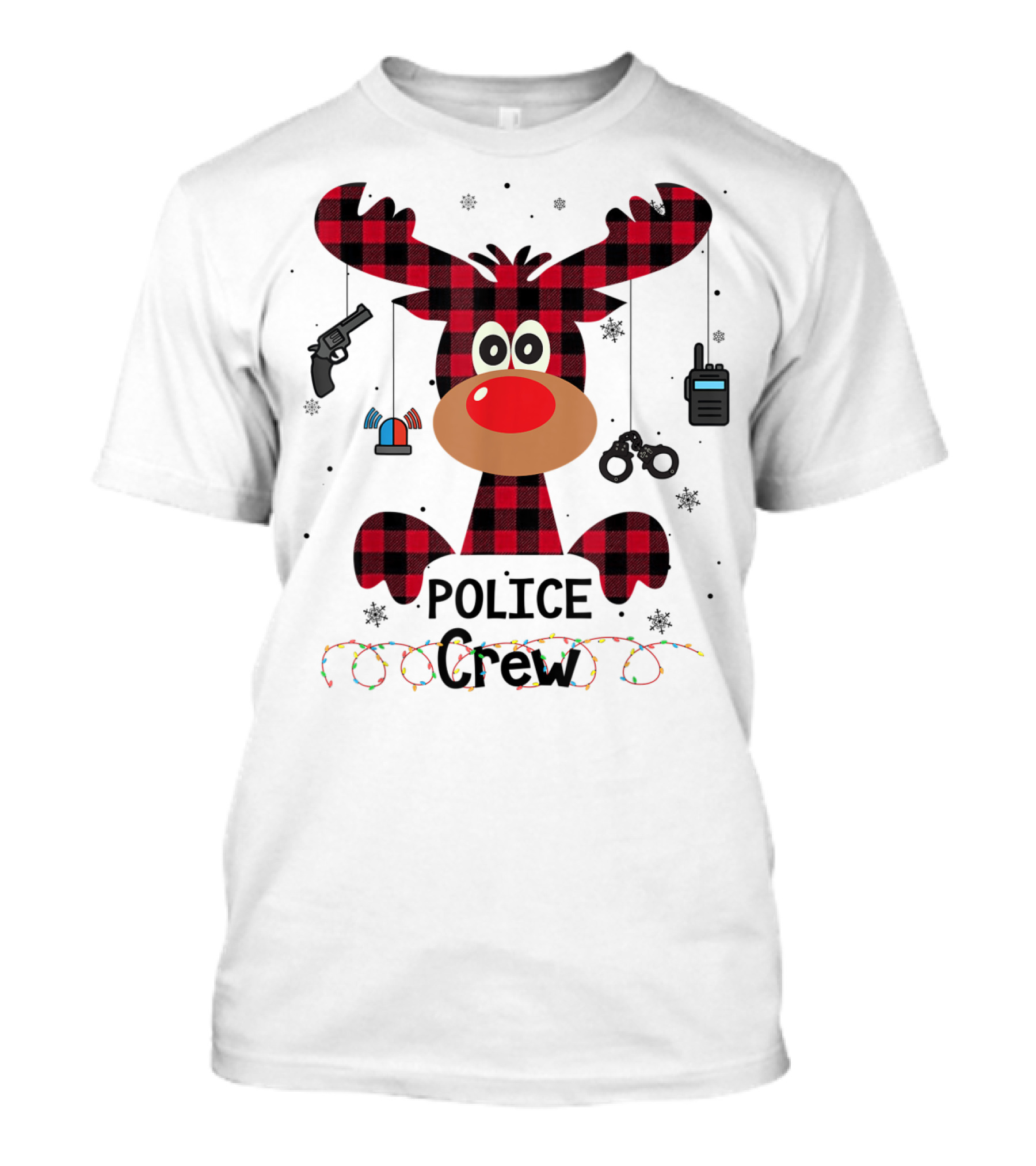 Red Plaid Reindeer Face Police Crew With Holiday Lights And Law Enforcement Icons T-Shirt
