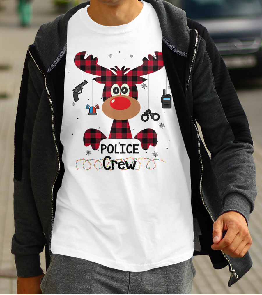 Red Plaid Reindeer Face Police Crew With Holiday Lights And Law Enforcement Icons T-Shirt