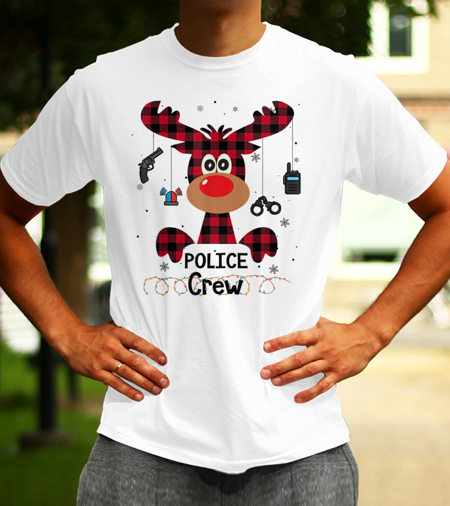 Red Plaid Reindeer Face Police Crew With Holiday Lights And Law Enforcement Icons T-Shirt