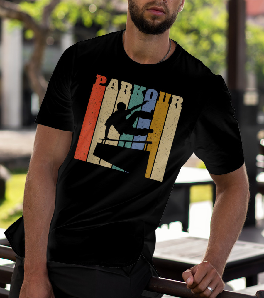 Retro Parkour Silhouette Against Striped Vintage Backdrop T-Shirt