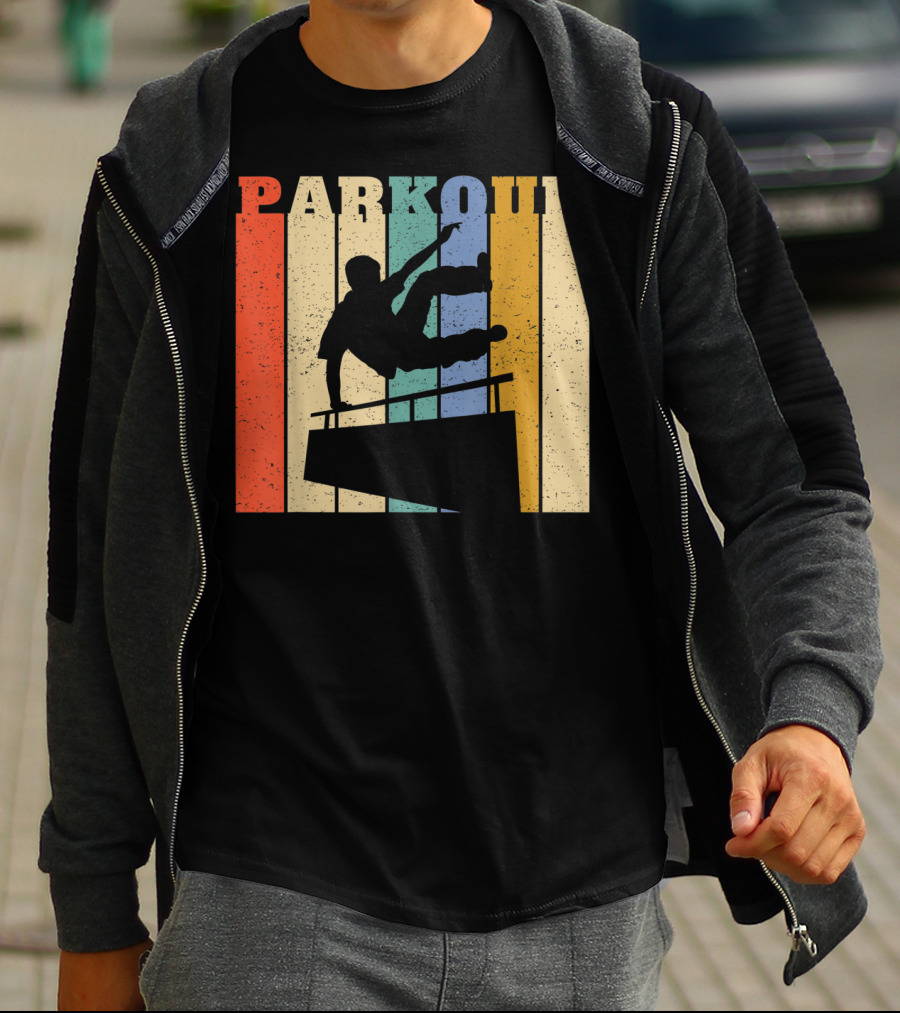 Retro Parkour Silhouette Against Striped Vintage Backdrop T-Shirt