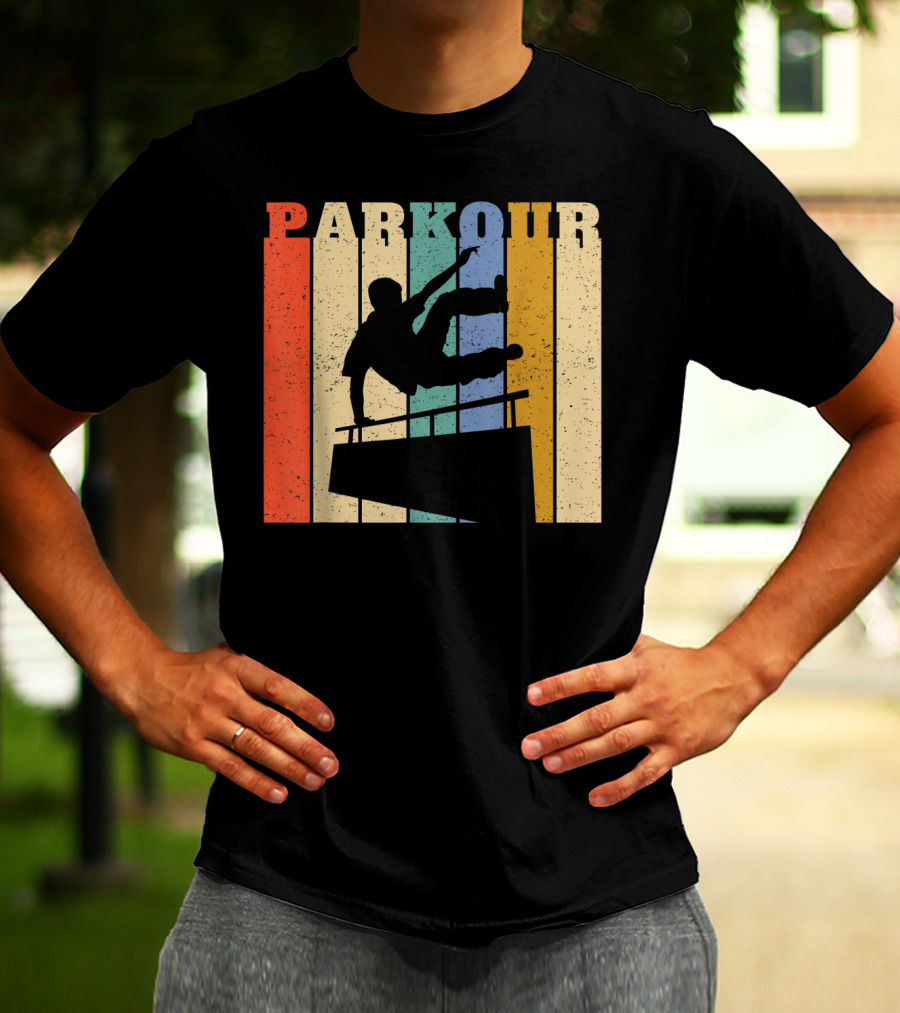 Retro Parkour Silhouette Against Striped Vintage Backdrop T-Shirt