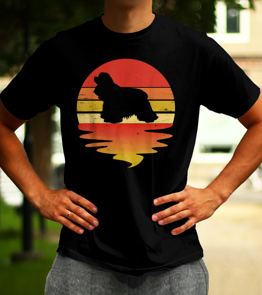 Retro Sunset Cocker Spaniel Silhouette Vintage 70s Style Dog Scene T-Shirt