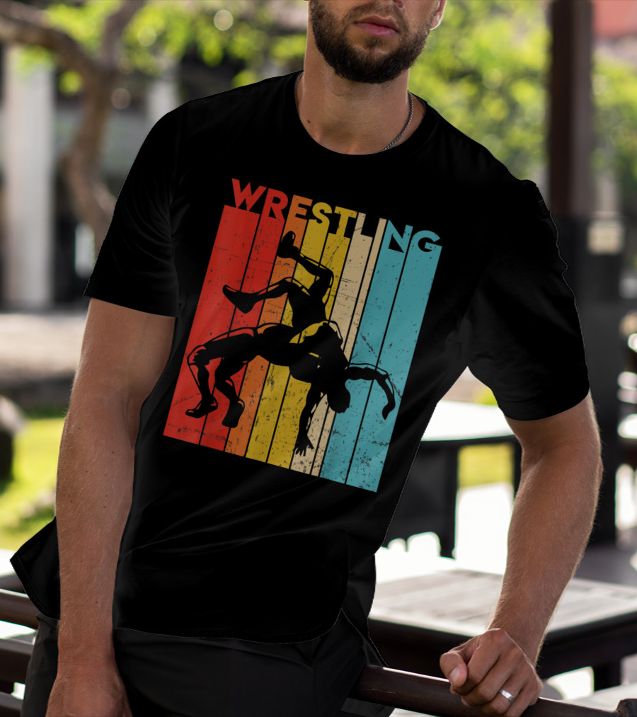 Wrestling Retro Vintage Silhouette Players On Colorful Stripes T-Shirt