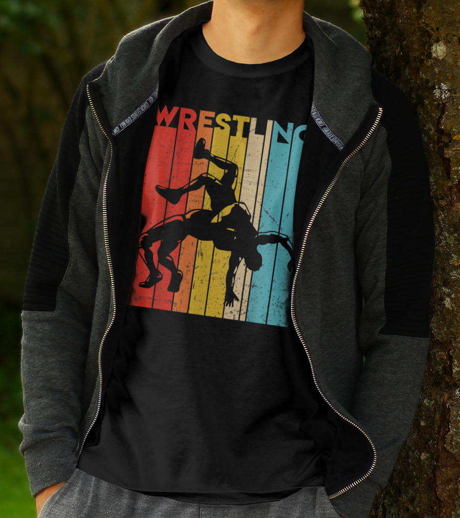 Wrestling Retro Vintage Silhouette Players On Colorful Stripes T-Shirt