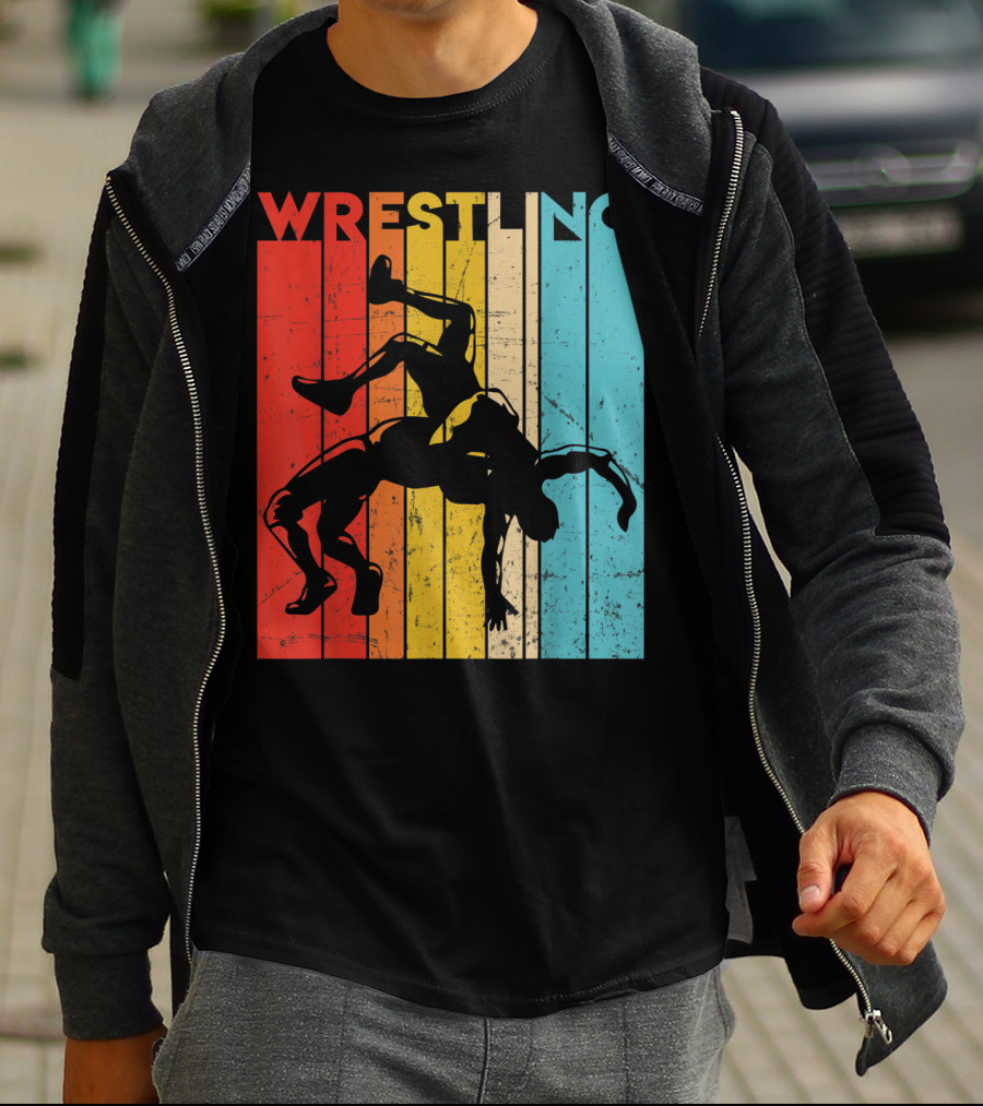 Wrestling Retro Vintage Silhouette Players On Colorful Stripes T-Shirt