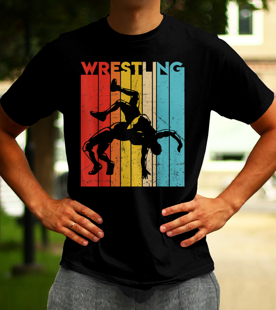 Wrestling Retro Vintage Silhouette Players On Colorful Stripes T-Shirt