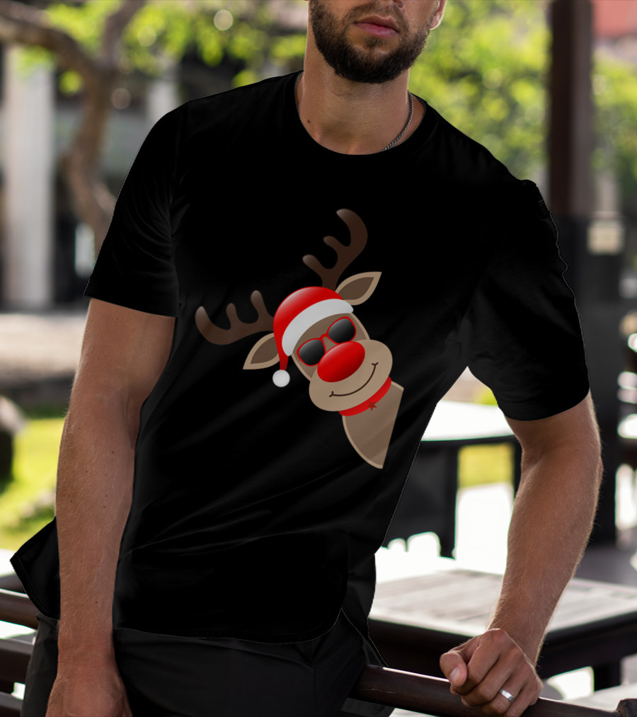 Rudolph Red Nose Reindeer Santa Hat Sunglasses T-Shirt