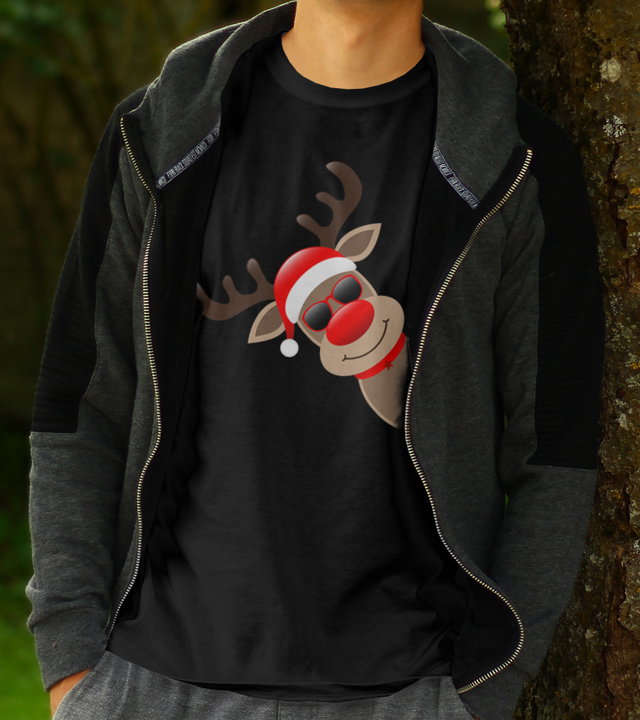 Rudolph Red Nose Reindeer Santa Hat Sunglasses T-Shirt