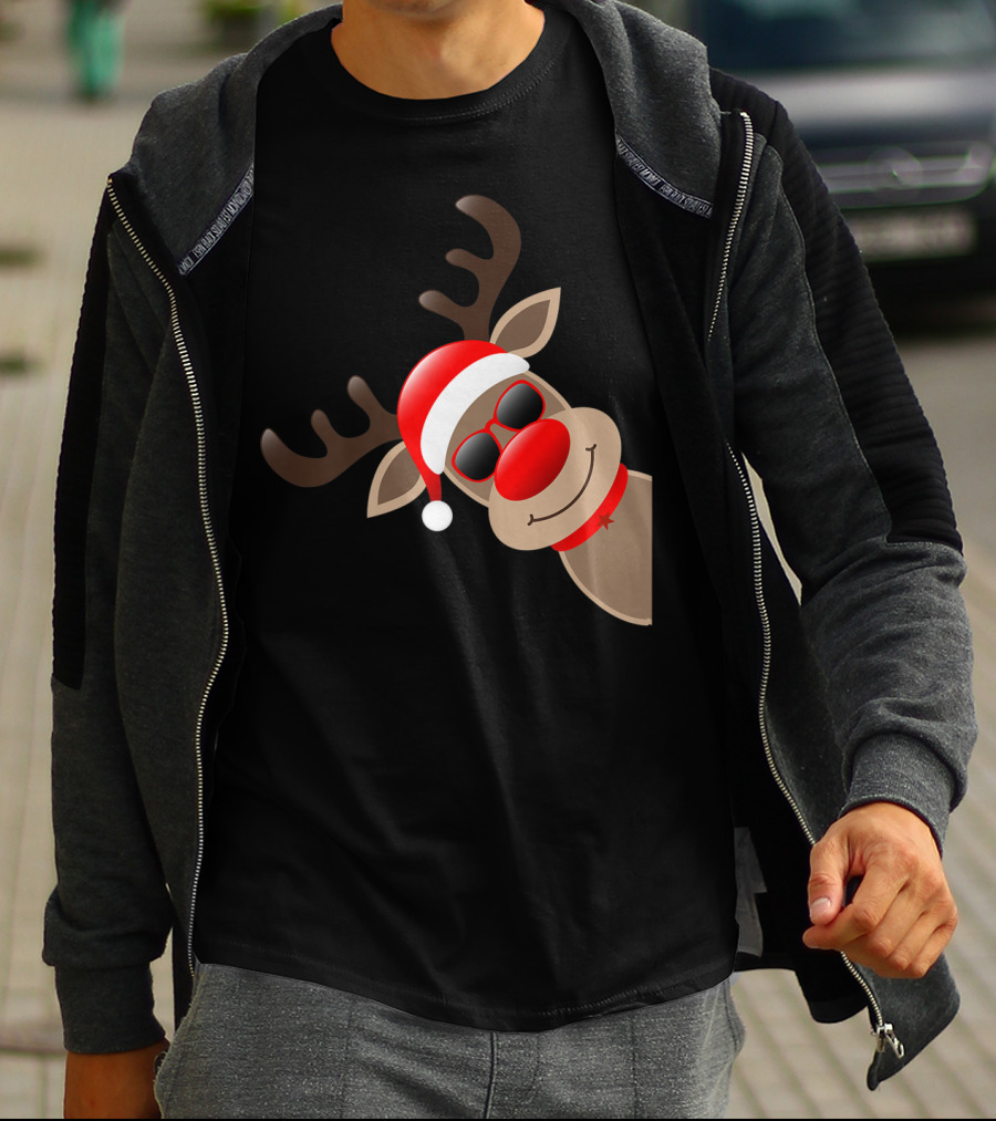 Rudolph Red Nose Reindeer Santa Hat Sunglasses T-Shirt