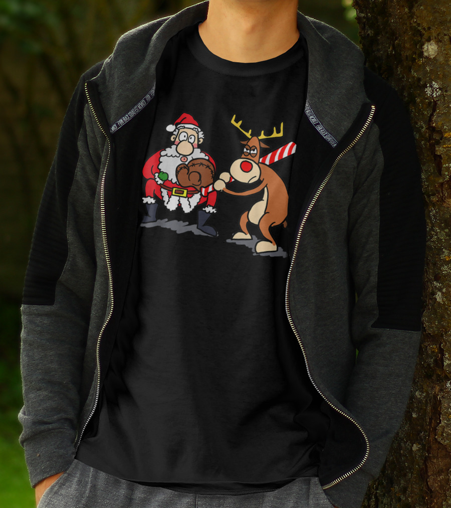 Santa Reindeer Candy Cane Baseball Softball Player Christmas T-Shirt