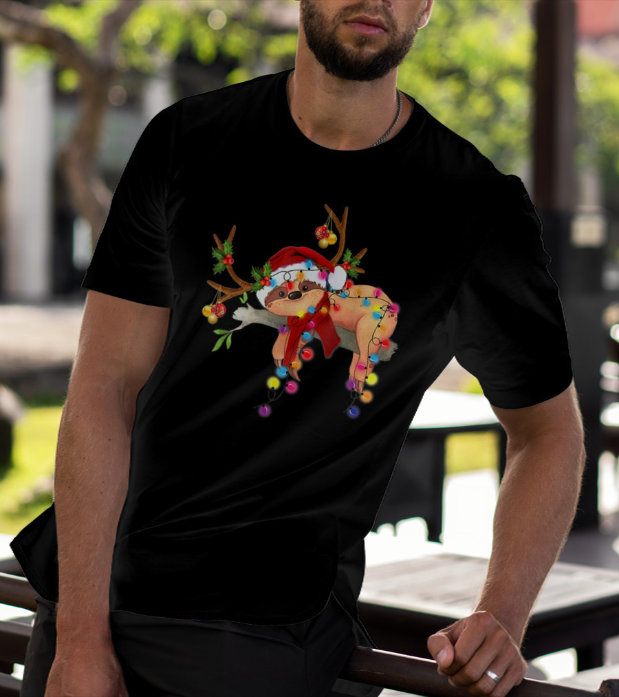 Santa Sloth Reindeer With Christmas Lights And Hat T-Shirt