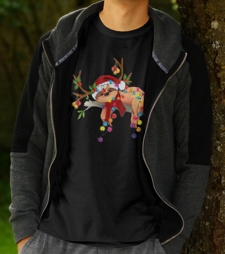 Santa Sloth Reindeer With Christmas Lights And Hat T-Shirt
