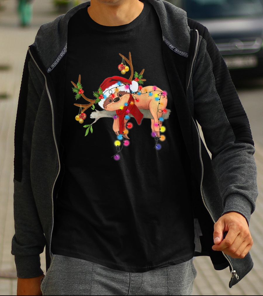 Santa Sloth Reindeer With Christmas Lights And Hat T-Shirt