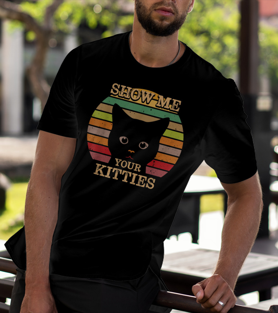 Show Me Your Kitties Retro Cat Lover Rainbow Stripes T-Shirt