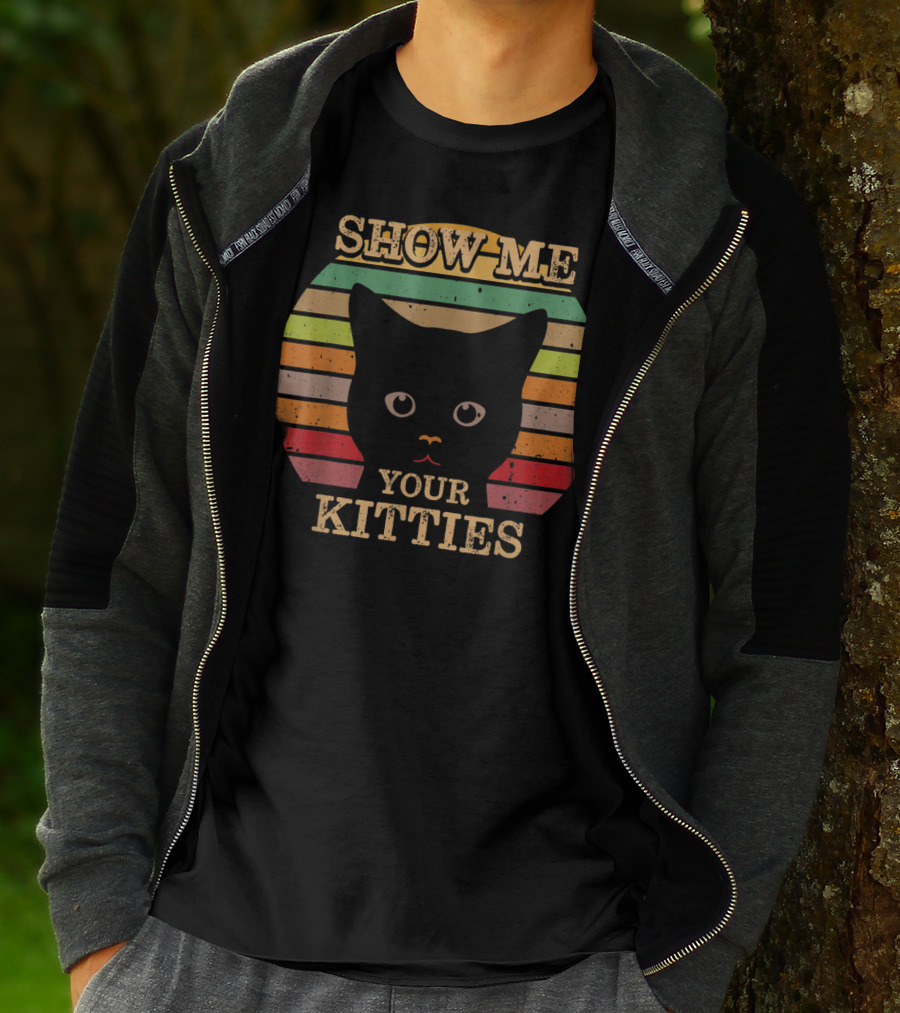 Show Me Your Kitties Retro Cat Lover Rainbow Stripes T-Shirt