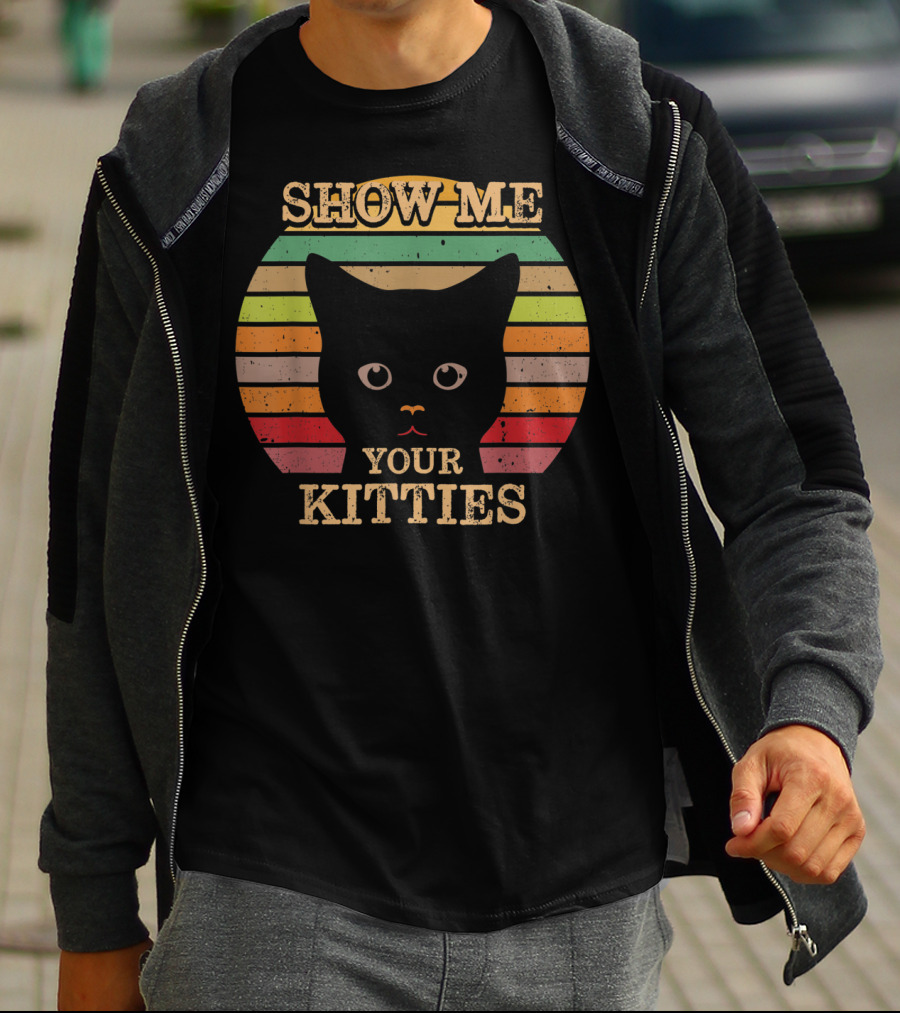 Show Me Your Kitties Retro Cat Lover Rainbow Stripes T-Shirt