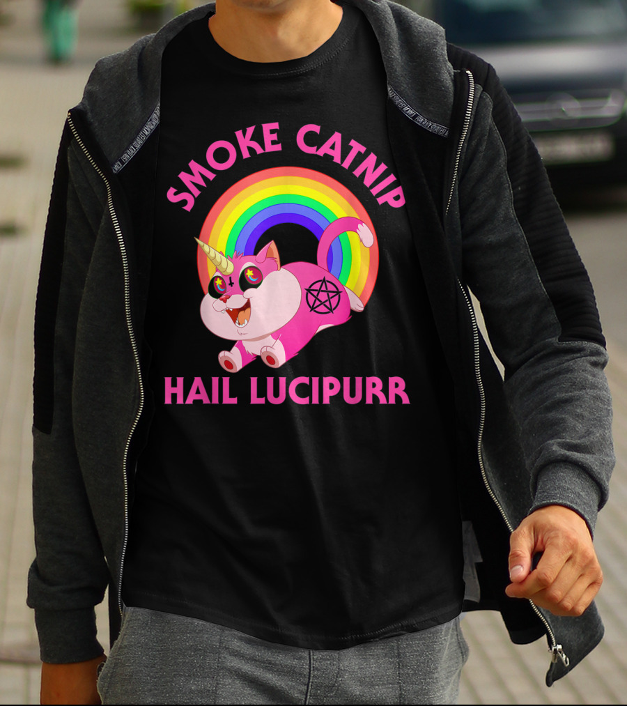 Smoke Catnip Hail Lucipurr Rainbow Unicorn Satanic Cat T-Shirt