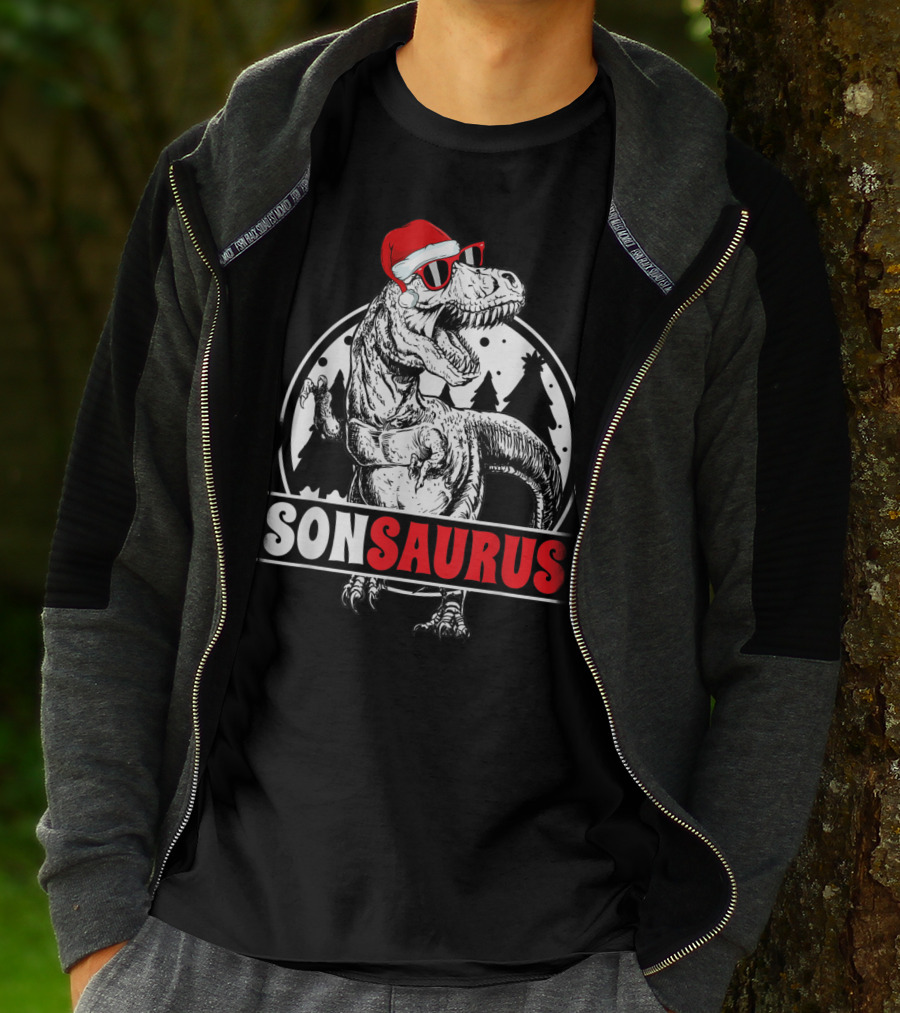 Sonsaurus Christmas Rex T-Rex Dinosaur Holiday Santa Hat T-Shirt