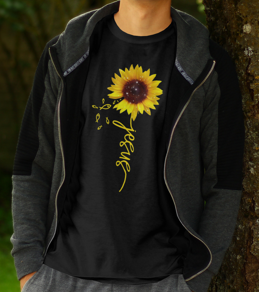 Sunflower Jesus Christian Faith Cross With Ichthys Symbols T-Shirt