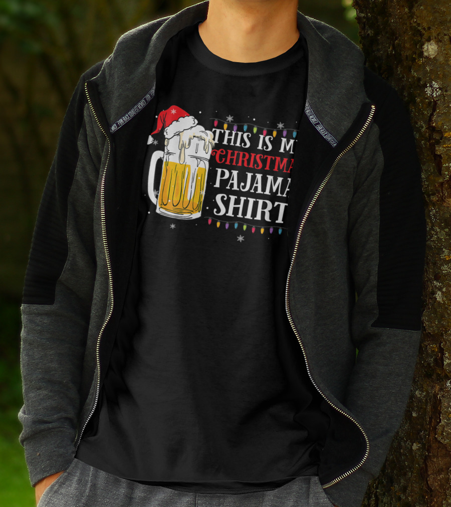 This Is My Christmas Pajama Shirt Beer Santa Hat T-Shirt