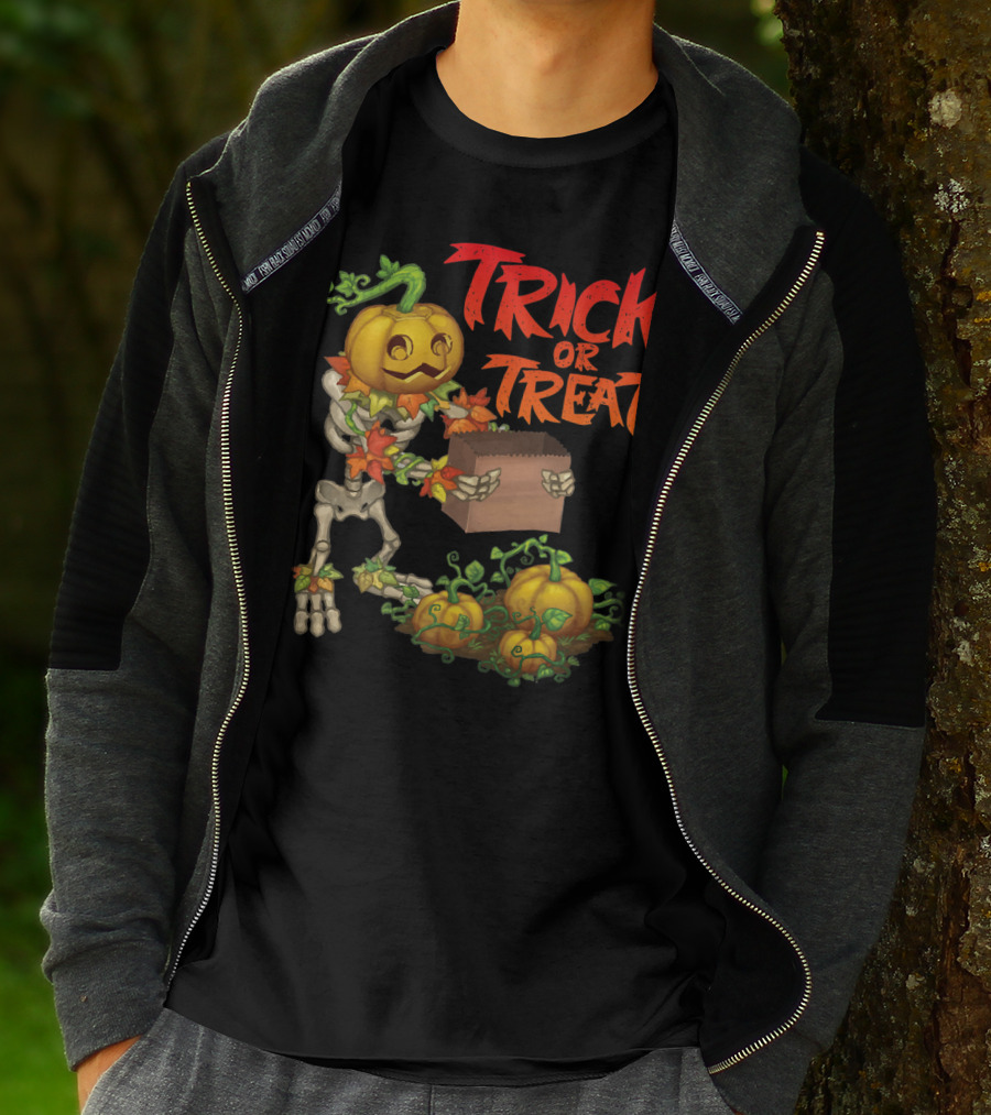 Trick Or Treat Punkleton Skeleton With Pumpkins And Candy Box T-Shirt