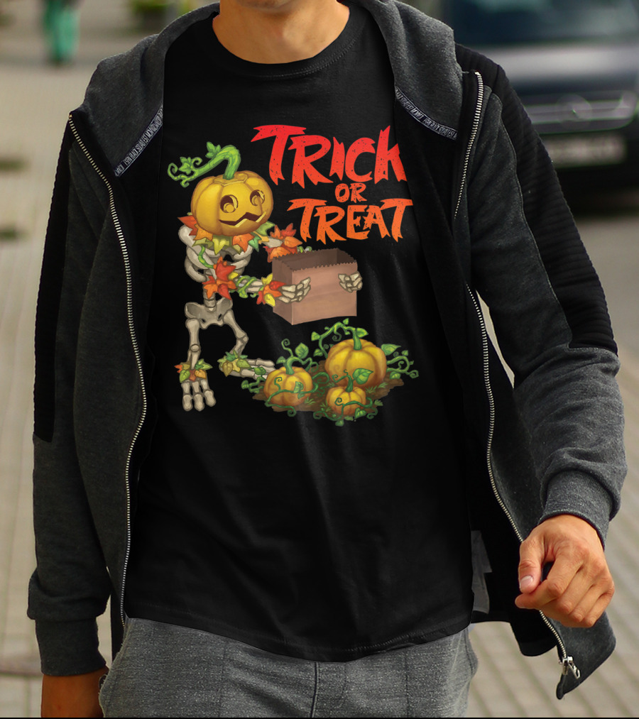 Trick Or Treat Punkleton Skeleton With Pumpkins And Candy Box T-Shirt