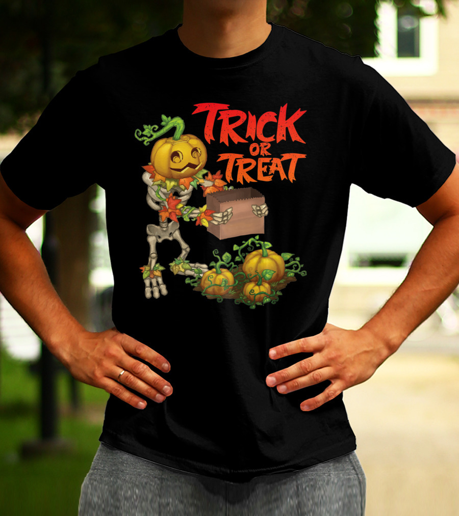 Trick Or Treat Punkleton Skeleton With Pumpkins And Candy Box T-Shirt